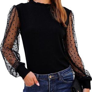 Blooming Jelly  Mock Neck Tops Mesh Long Sleeve  Polka Dot Ruffle NWT